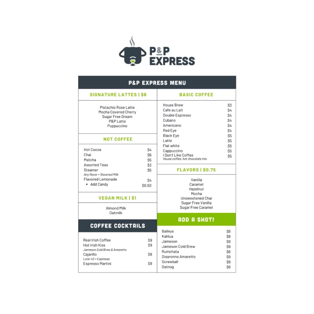 a screenshot of the menu for P&P Express